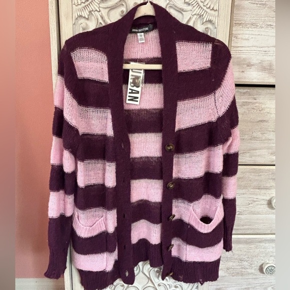 Urban Outfitters worn look distressed Stripe Cardigan Purple Pink Women's  Xs - Picture 6 of 16